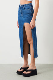  Ra Denim-Ilya Blue Slit Women's Maxi Jean Skirt-5