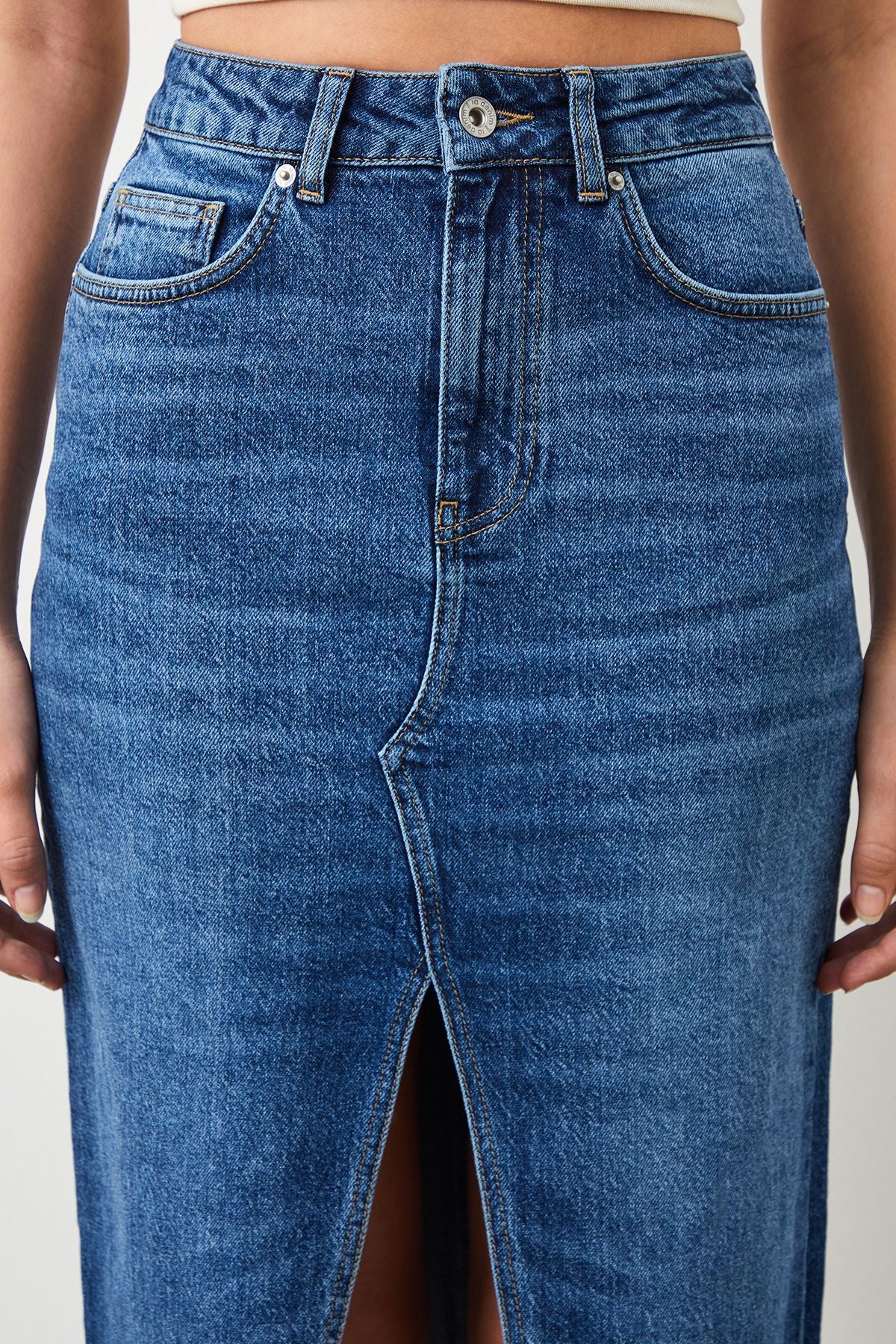  Ra Denim-Sisu Slim Fit Dark Blue Slit Maxi Women's Jean Skirt-5