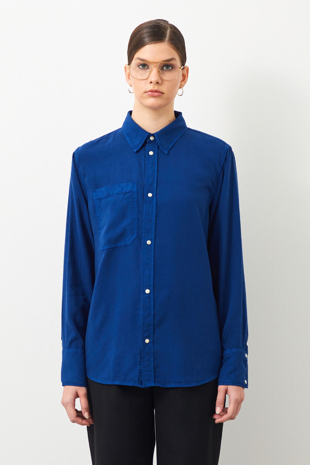 Signy Regular Fit Navy Blue Women's Tencel Shirt