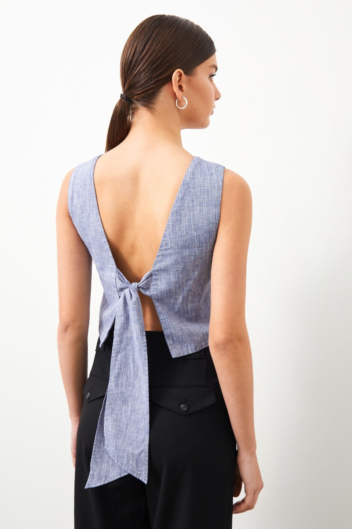 PERLA Blue Linen Blend Blouse featuring a bow at the back.