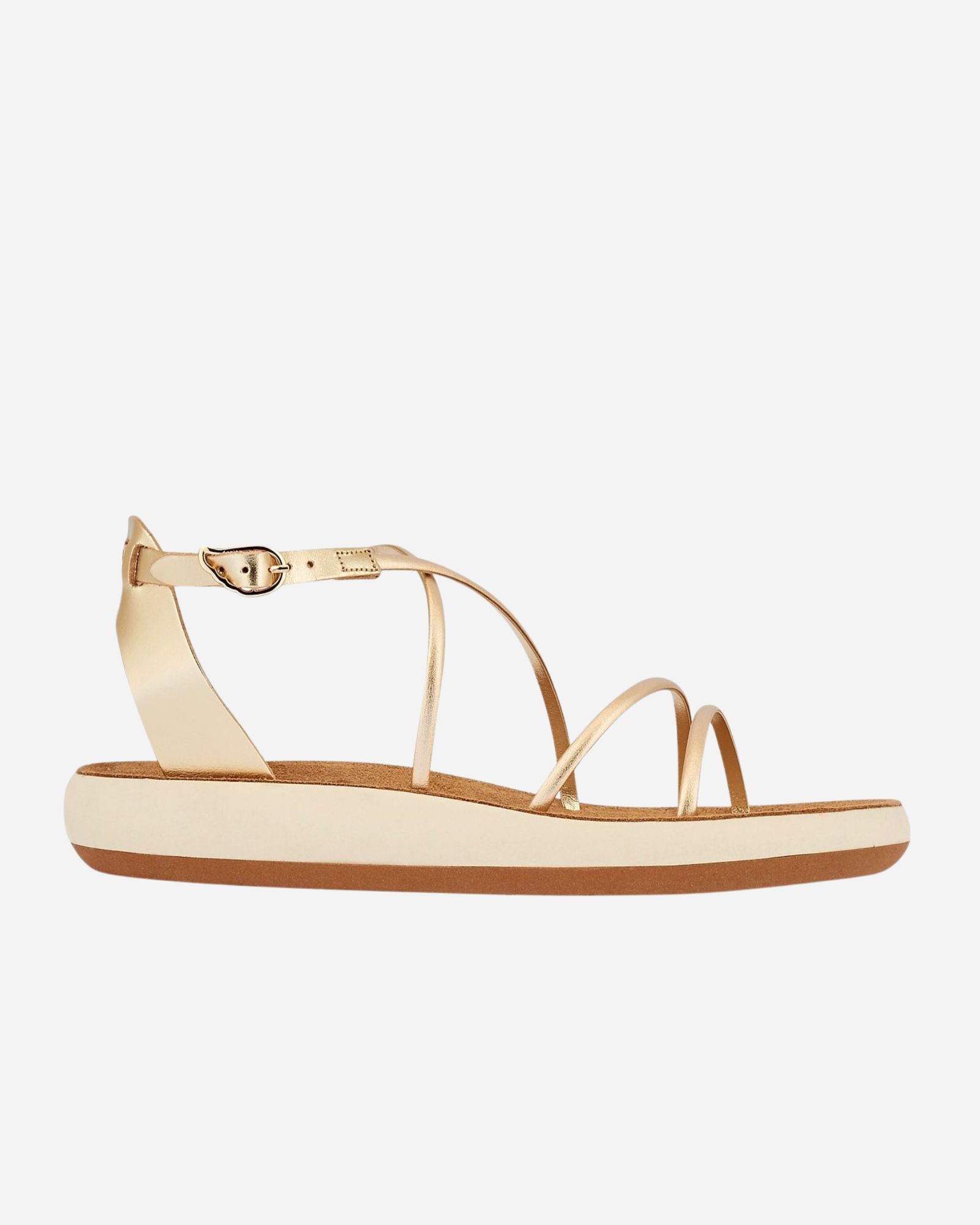 Side profile of the Anastasia Comfort platinum sandal showing the 3cm cushioned sole and winged ankle buckle