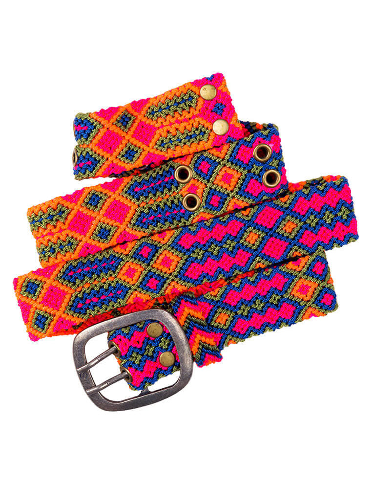 Close-up view of the intricate geometric patterns on the Adriana Festival Belt in neon pink and  blue.