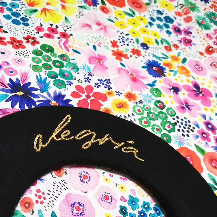 Close up of Alegría Hand Embroidered Beret by exclusive Swiss Millinery Ulaland 