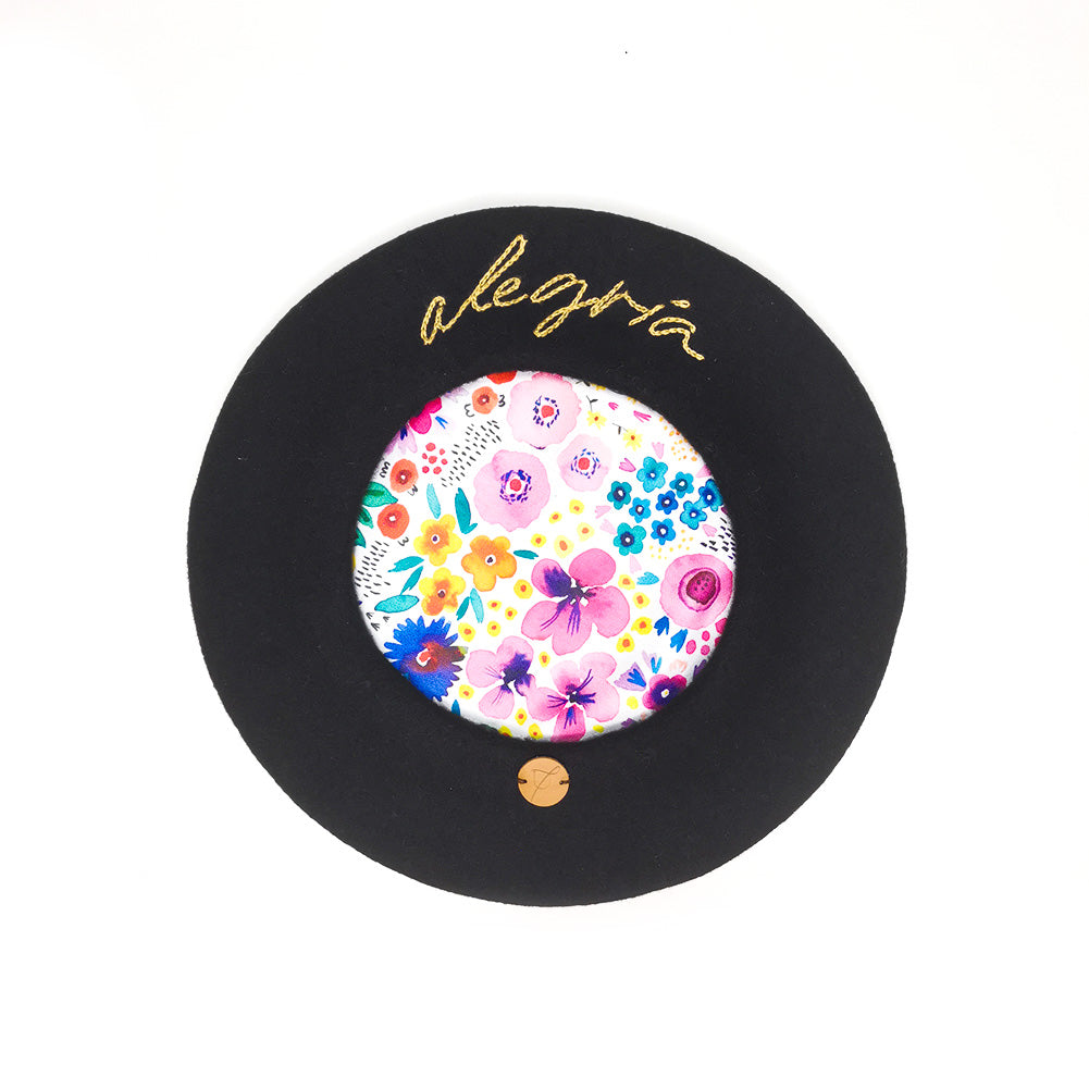 Ulaland Alegria Beret: Hand-Embroidered with Gold Thread, featuring 'Alegria' Embroidery