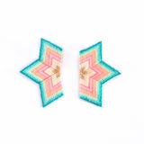 Beaded half star earrings in shades of Aqua blue and pink tones  featuring intricate handwoven designs with stunning color contrast.