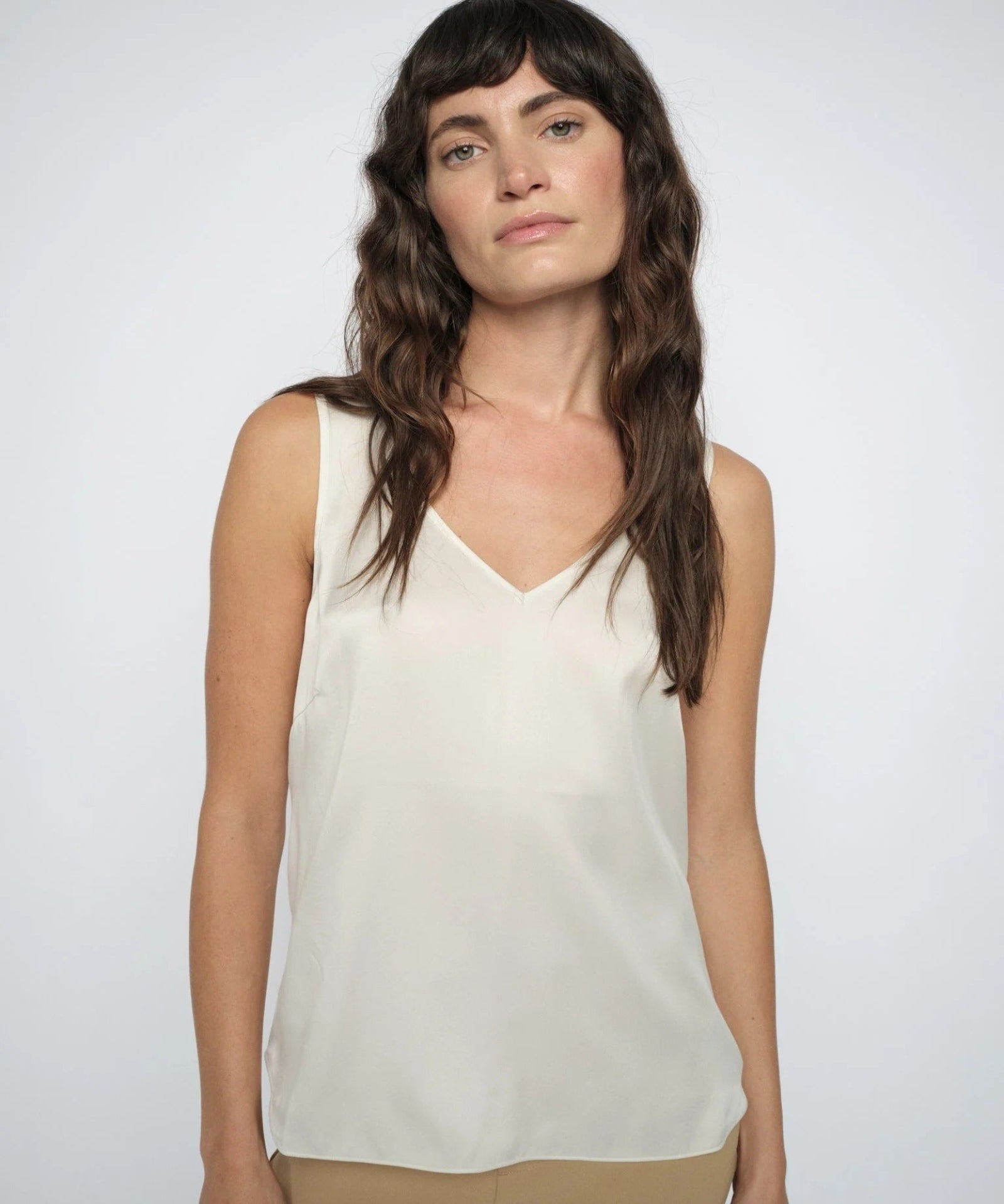 MMAstrid Silk Tank Top in ivory, full front view on model