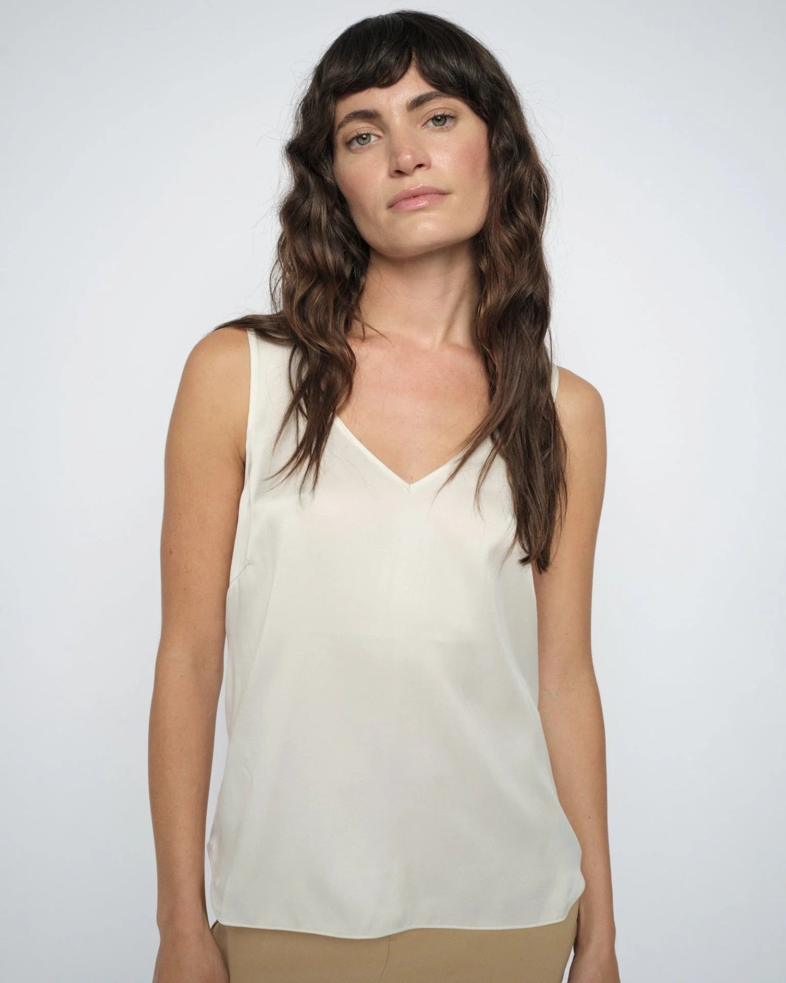 MMAstrid Silk Tank Top in ivory, front view on model