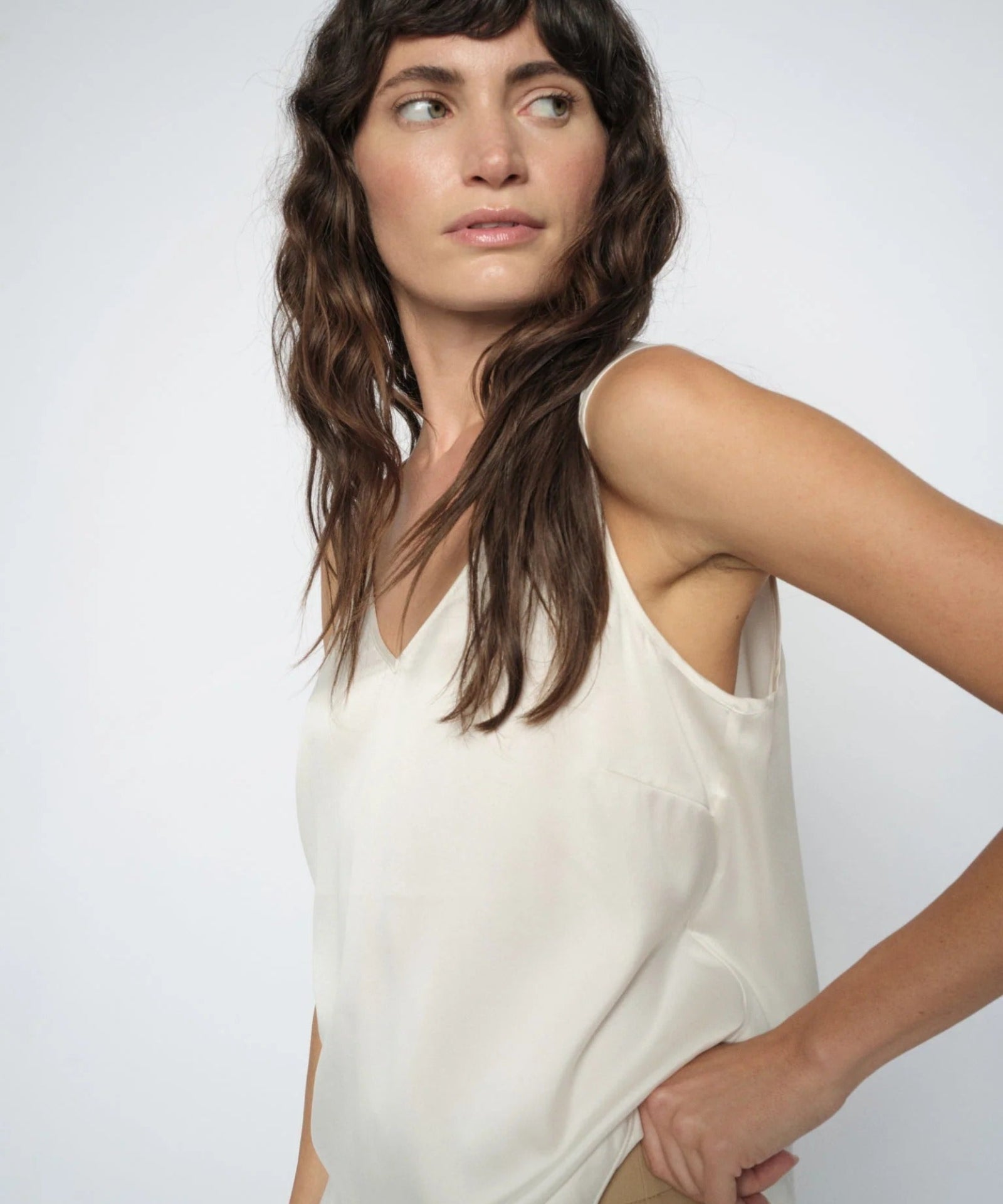 MMAstrid Silk Tank Top in ivory, side pose on model
