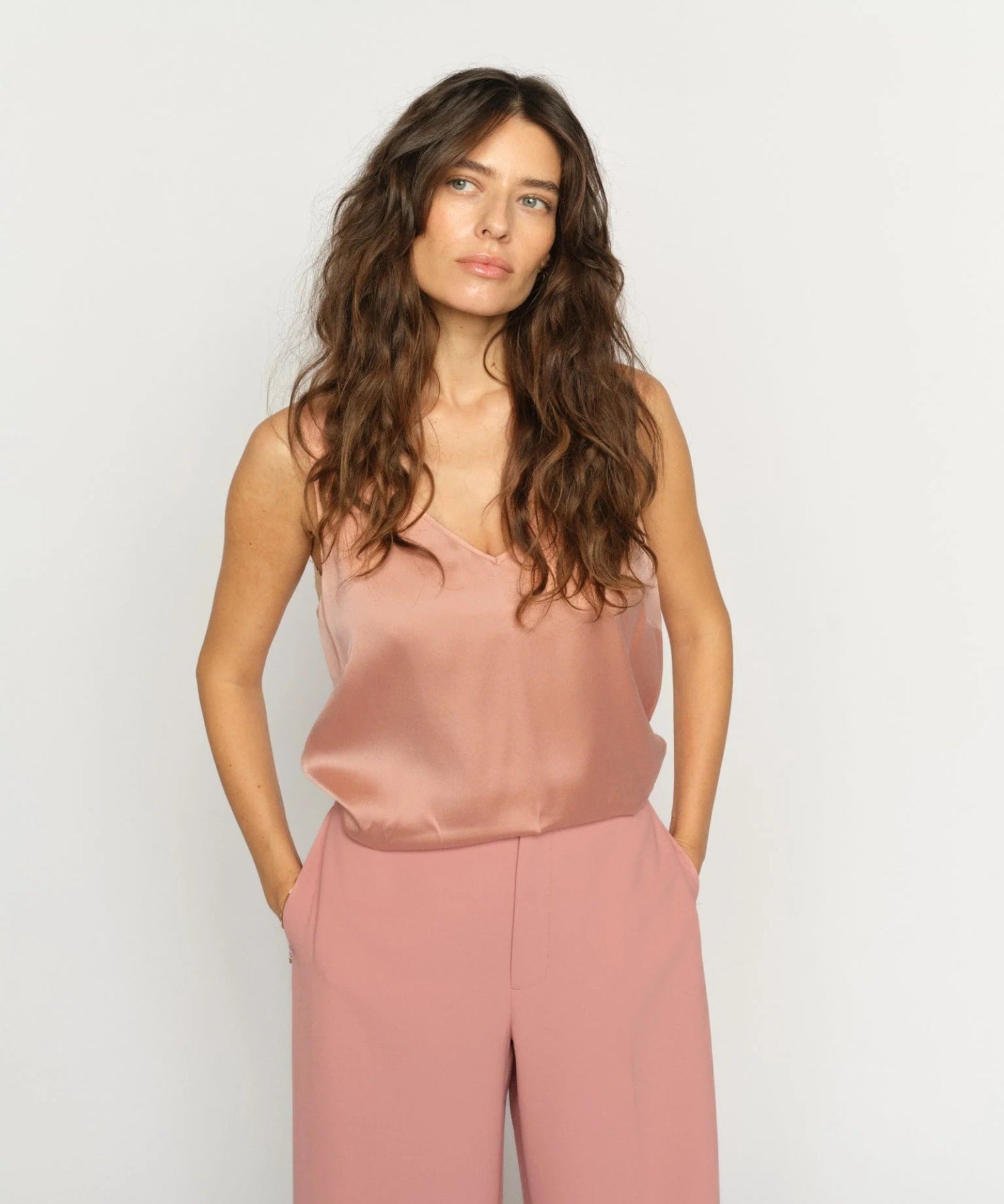 MMAstrid Silk Tank Top in peach styled with matching trousers