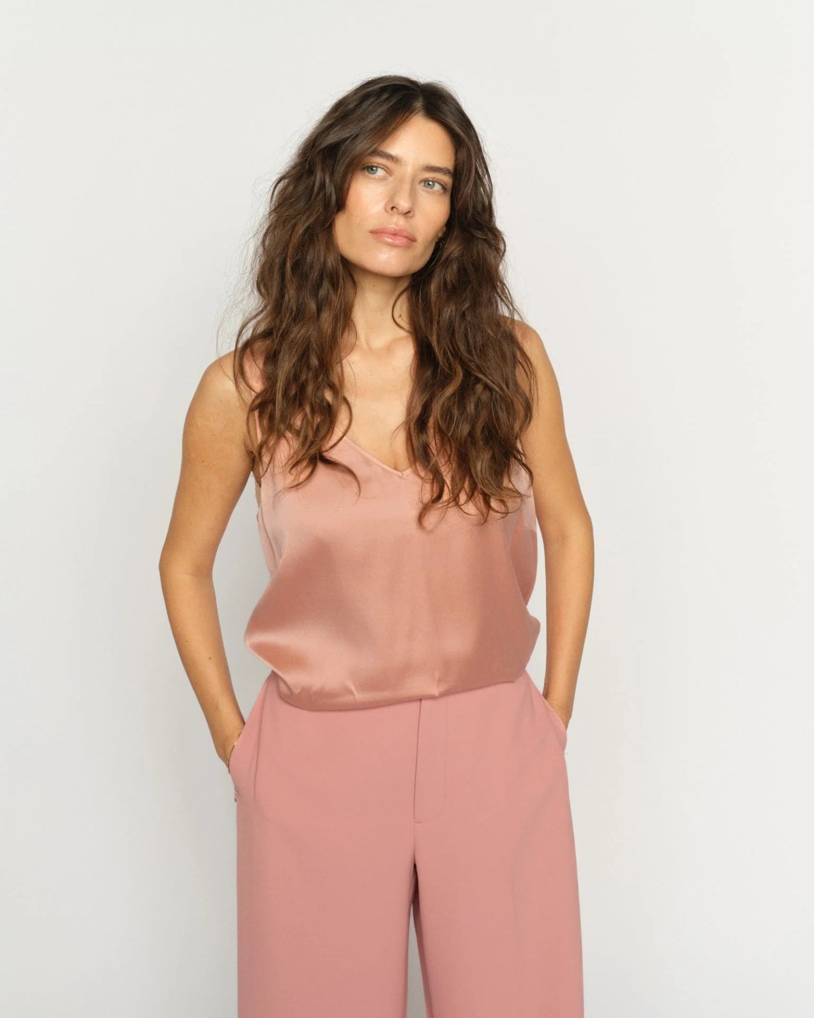 MMAstrid Silk Tank Top in peach styled with matching trousers