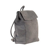 Side view of Emmy Boo Backpack Lipari in grey suede crust leather with adjustable shoulder straps.