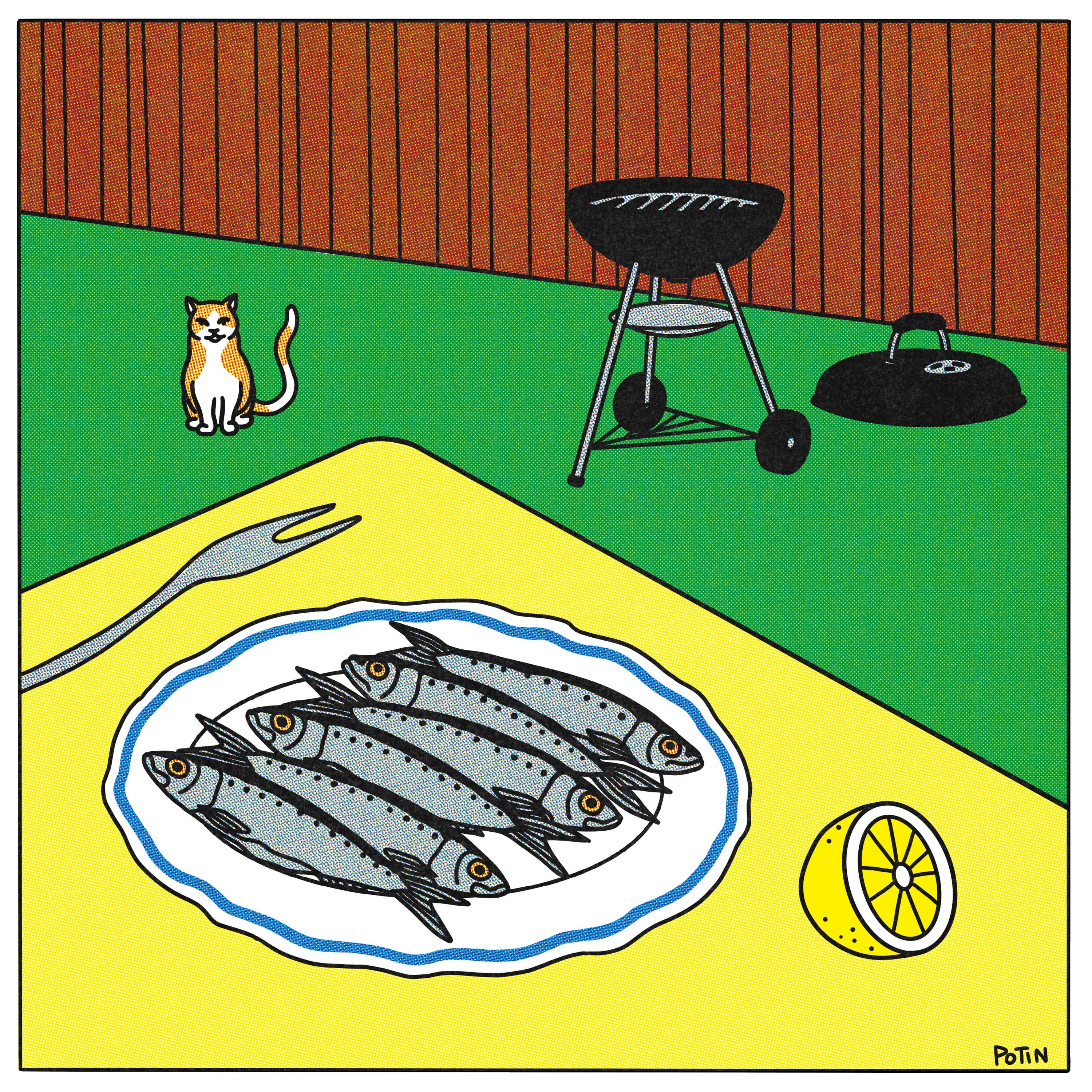 Vibrant "Barbecue" art print capturing the barbecue, garden, sardines and a sneaky cat