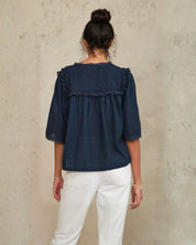 Back view of Frill Detail Top in Navy showing relaxed fit on jean