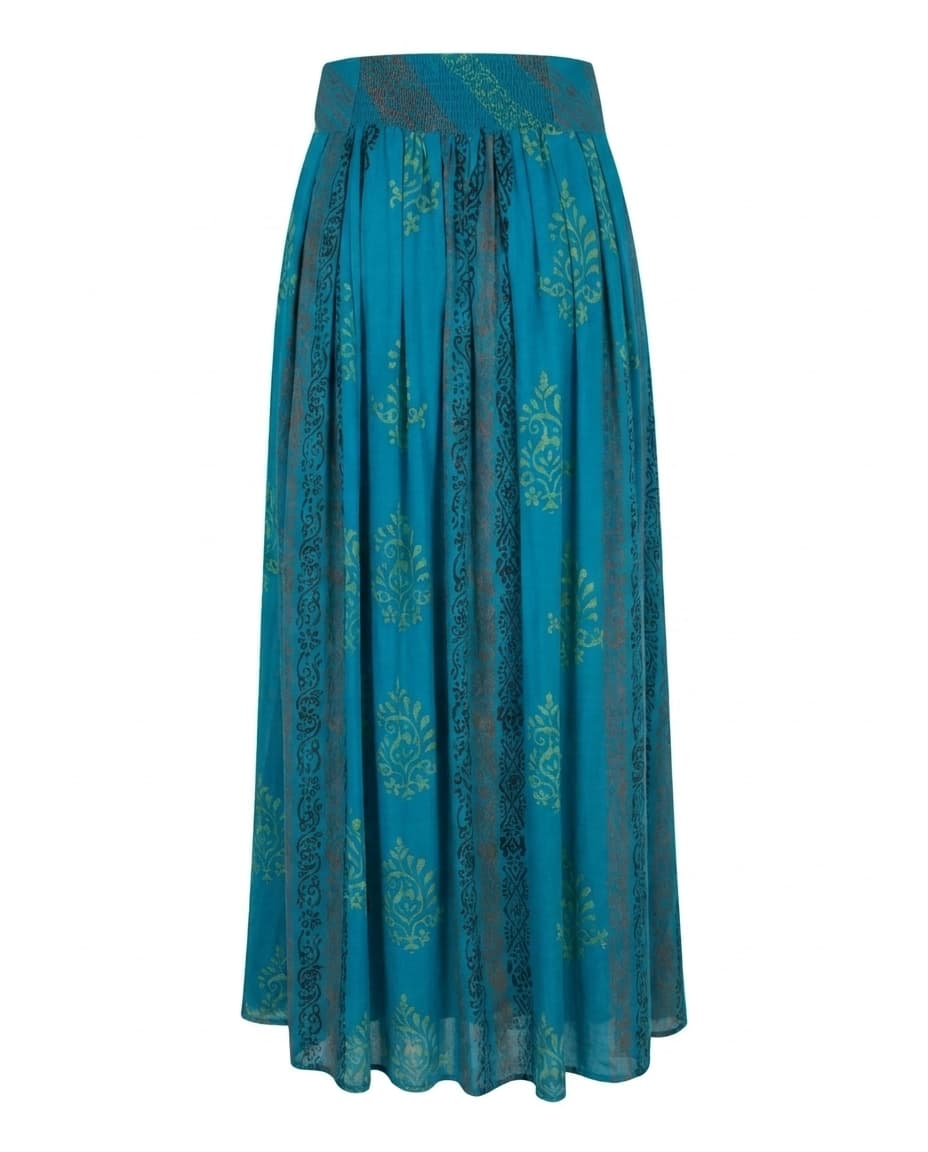 Back view of the Cofur Jackie teal silk maxi skirt showing the smocked waist panel and full pleated fall