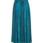 Back view of the Cofur Jackie teal silk maxi skirt showing the smocked waist panel and full pleated fall
