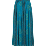 Back view of the Cofur Jackie teal silk maxi skirt showing the smocked waist panel and full pleated fall