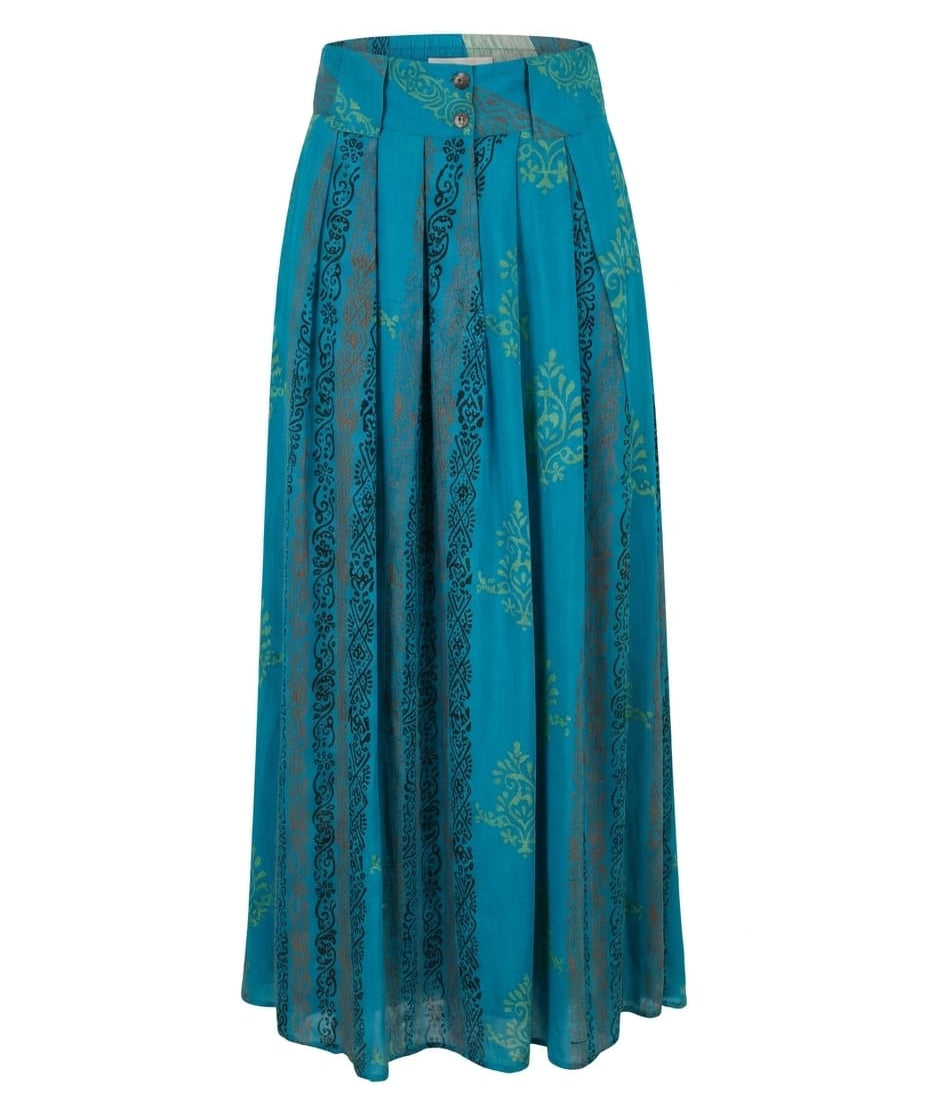 Cofur Jackie maxi skirt in teal silk with a green and black block-style print, showing the pleated front, buttons and belt loops