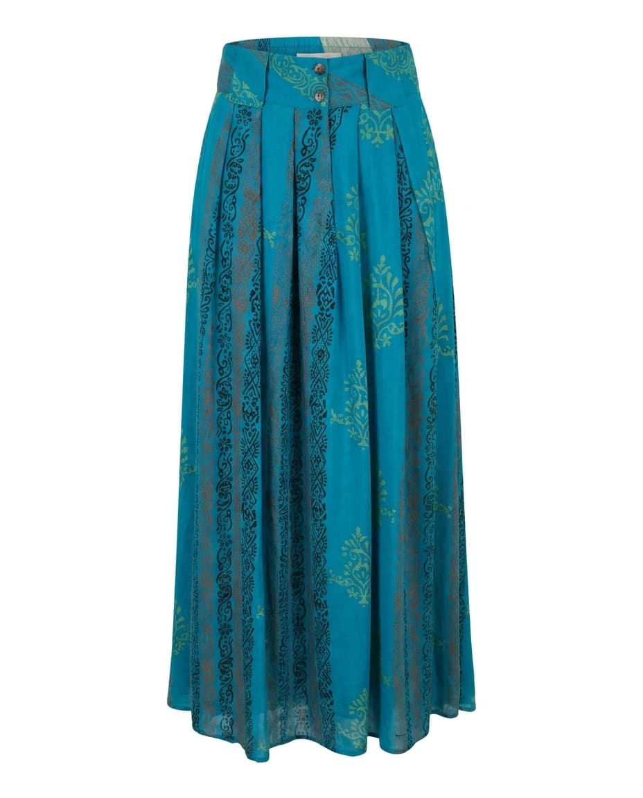 Cofur Jackie maxi skirt in teal silk with a green and black block-style print, showing the pleated front, buttons and belt loops