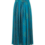 Cofur Jackie maxi skirt in teal silk with a green and black block-style print, showing the pleated front, buttons and belt loops