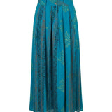 Cofur Jackie maxi skirt in teal silk with a green and black block-style print, showing the pleated front, buttons and belt loops