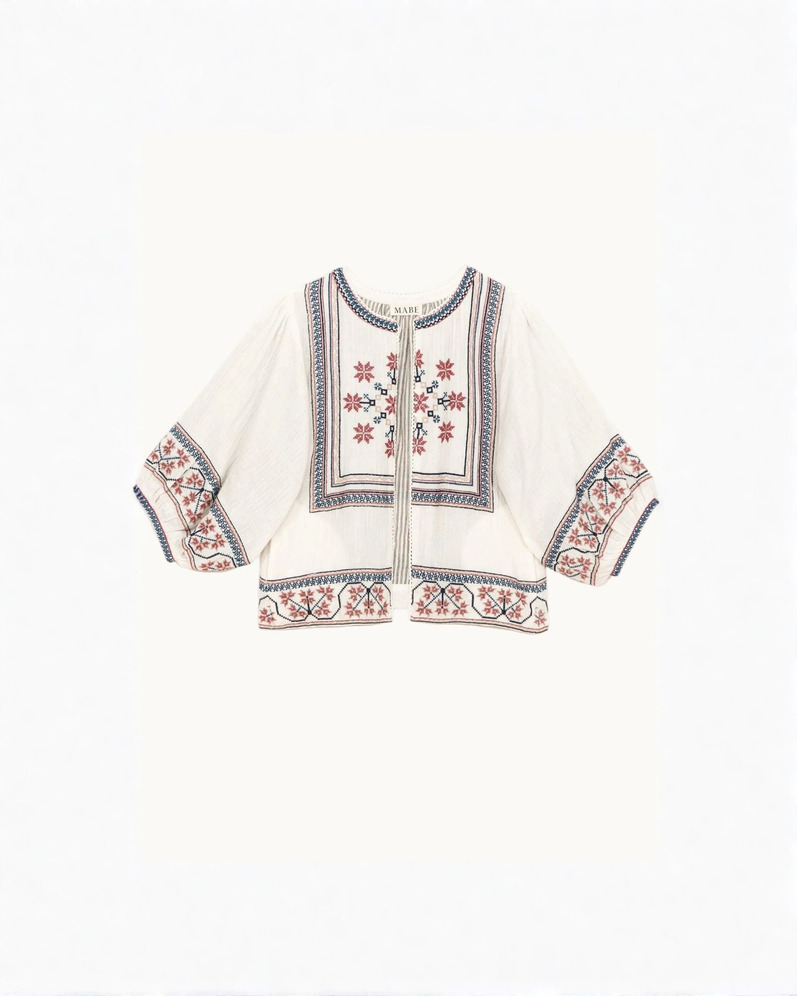 Front view of textured cotton jacket in ecru multi relaxed fit