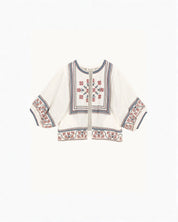 Front view of textured cotton jacket in ecru multi relaxed fit