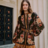 FARM Rio Black Majestic Garden Mini Dress with floral botanical print and beaded buckle belt.