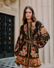 FARM Rio Black Majestic Garden Mini Dress with floral botanical print and beaded buckle belt.