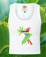 White tank top with a parrot design and 'Farm Rio' branding on a green leaf background