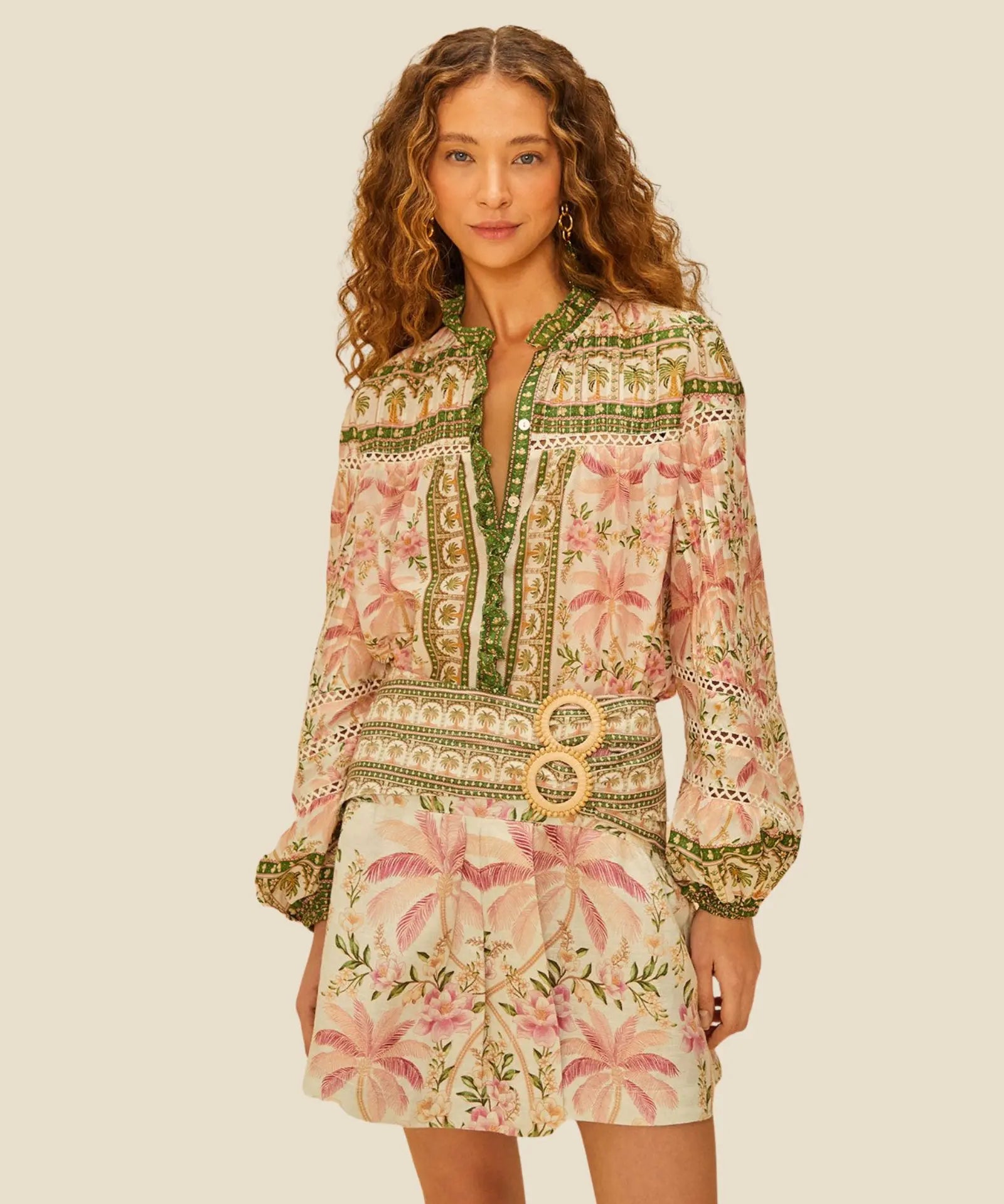 Woman wearing the FARM Rio Palm Dream Mini Skirt