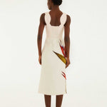Farm Rio Sand Strelitzia Midi Dress Close View of the beautiful dress