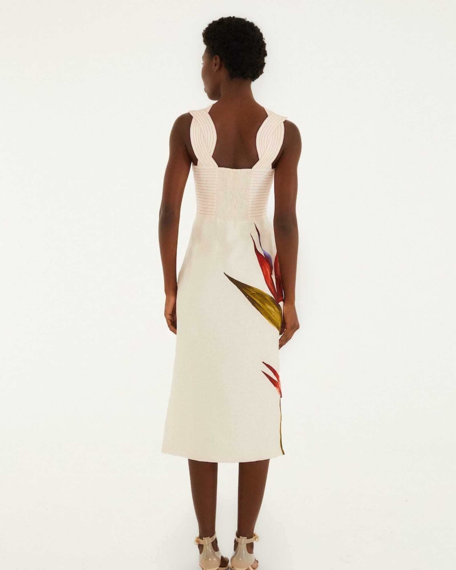 Farm Rio Sand Strelitzia Midi Dress Close View of the beautiful dress