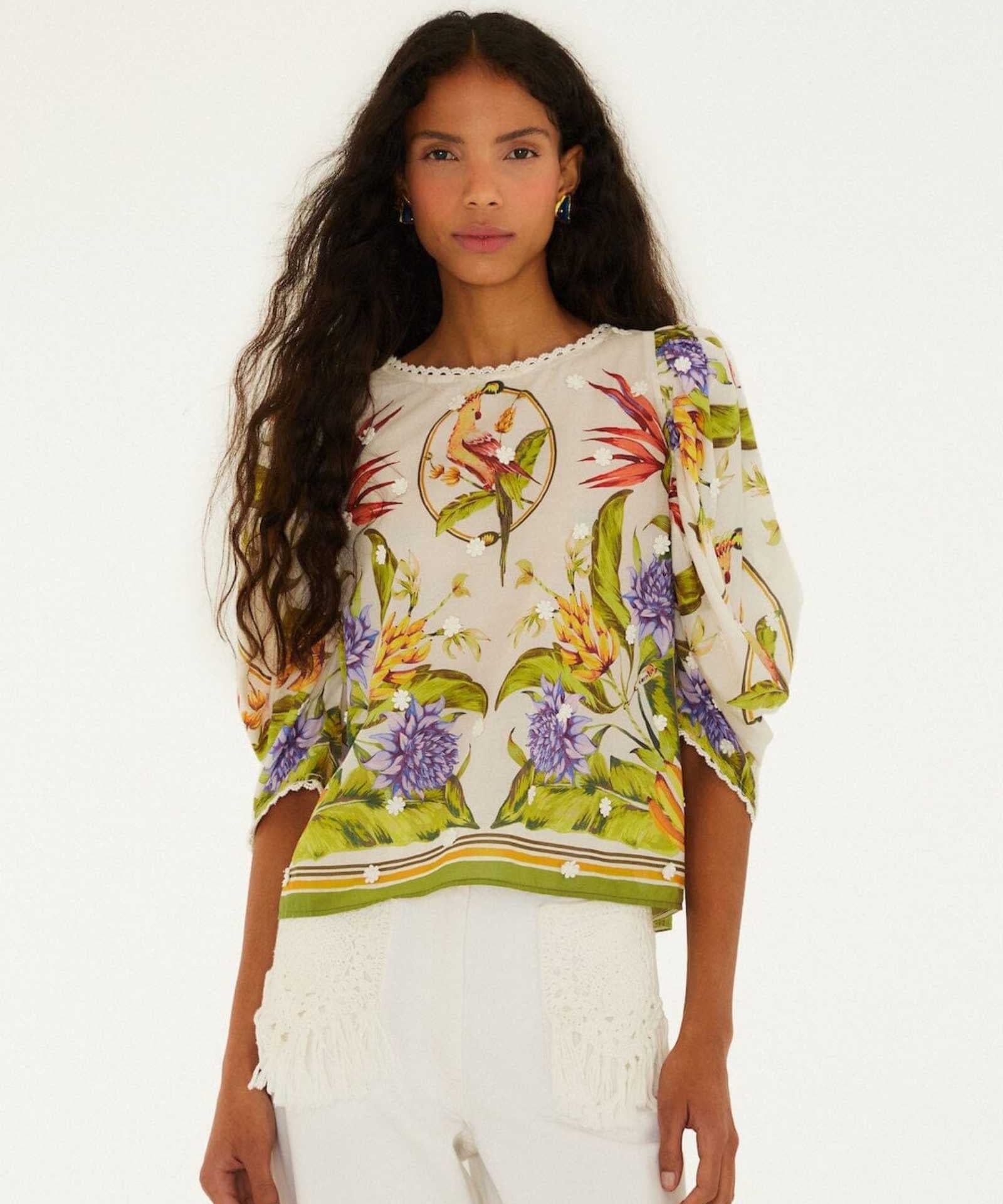 FARM Rio Sand Tropical Scarf Blouse front view featuring a tropical scarf print and elegant draped silhouette.