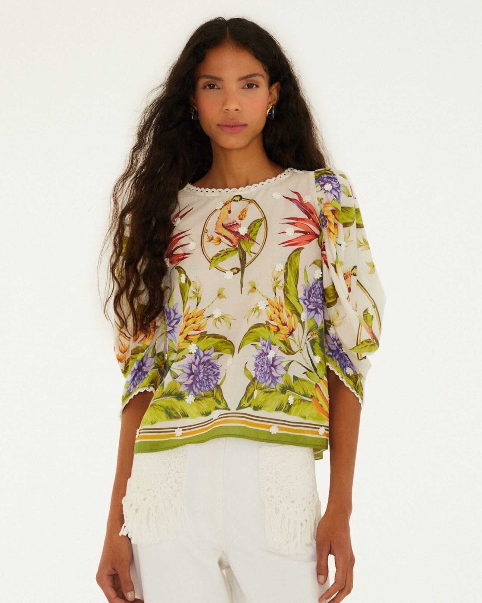 FARM Rio Sand Tropical Scarf Blouse front view featuring a tropical scarf print and elegant draped silhouette.