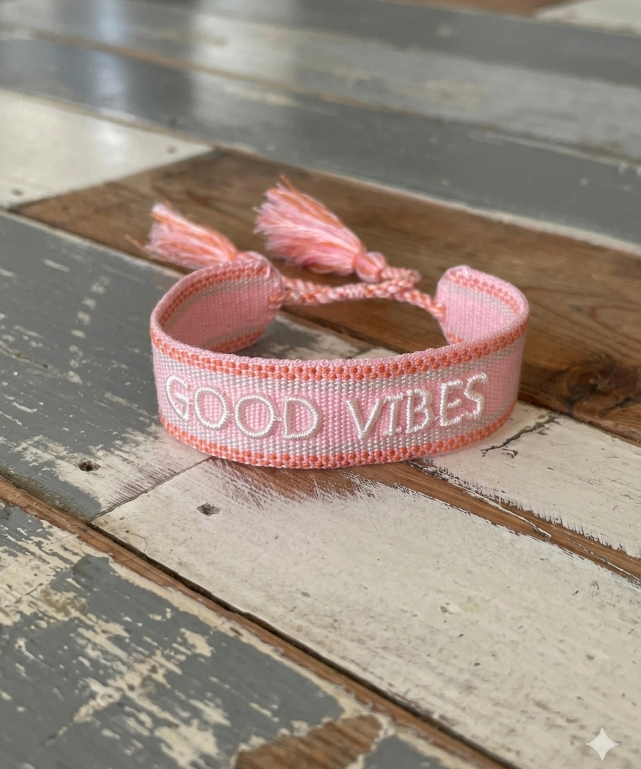 Close-up of adjustable rosy peach woven bracelet with embroidered “GOOD VIBES” lettering and sliding knot tassel cords.