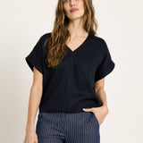 Draped V-Neck Top - Midnight Blue