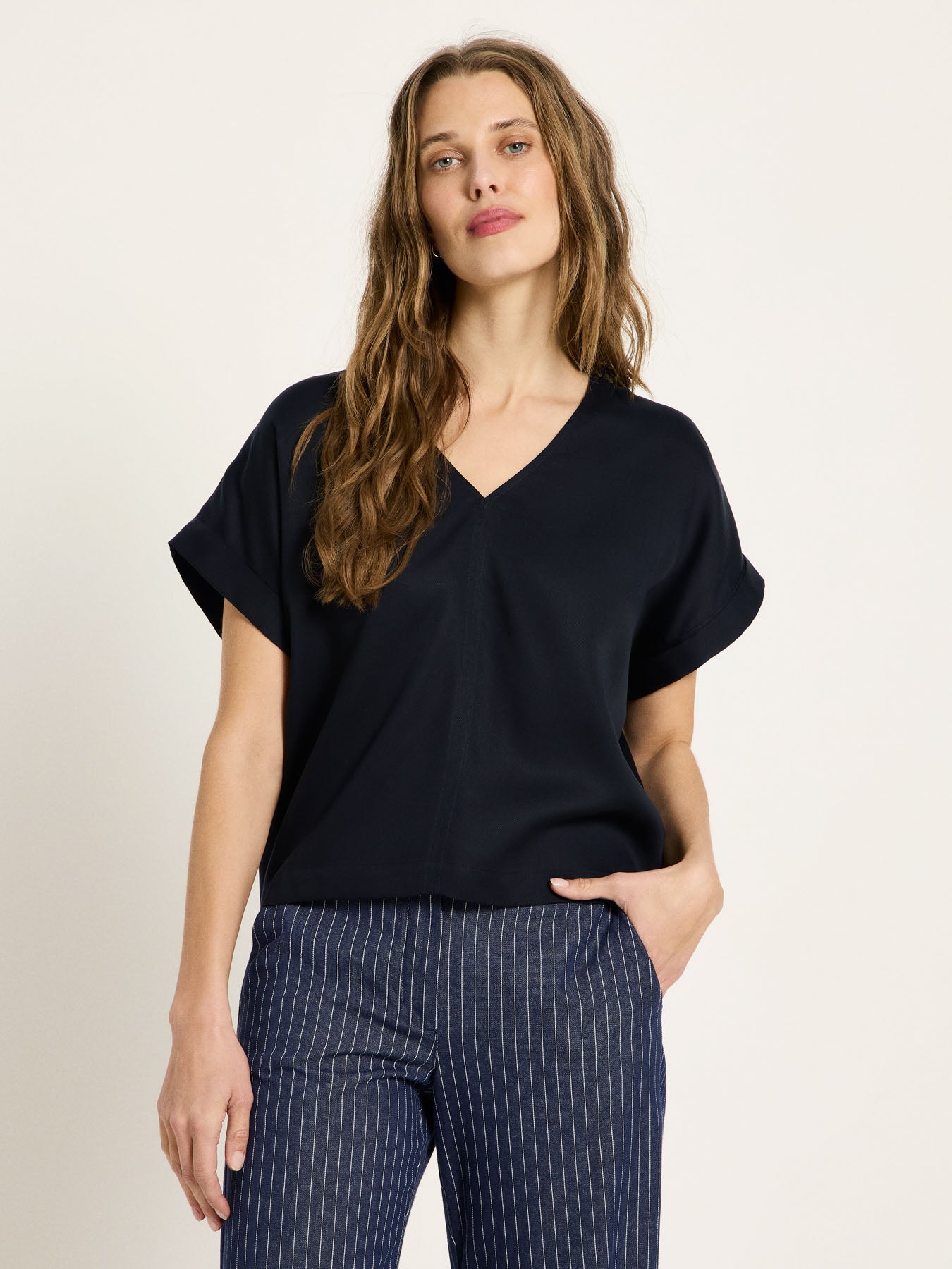 Draped V-Neck Top - Midnight Blue