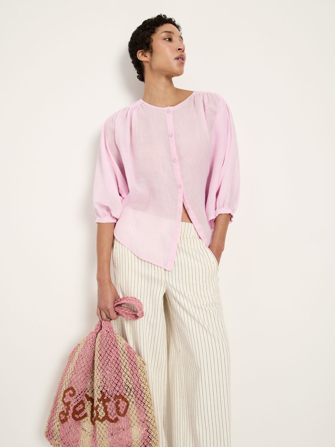 Gathered Ramie Blouse — Powder Pink