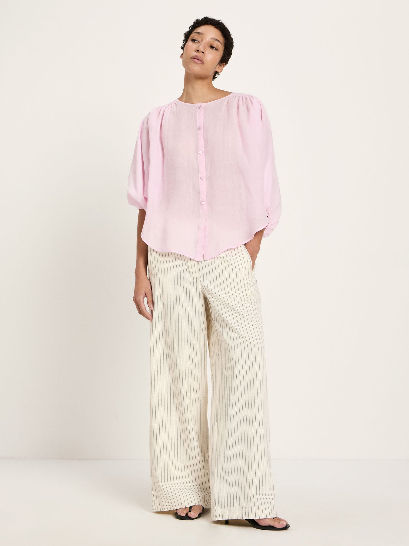 Gathered Ramie Blouse — Powder Pink