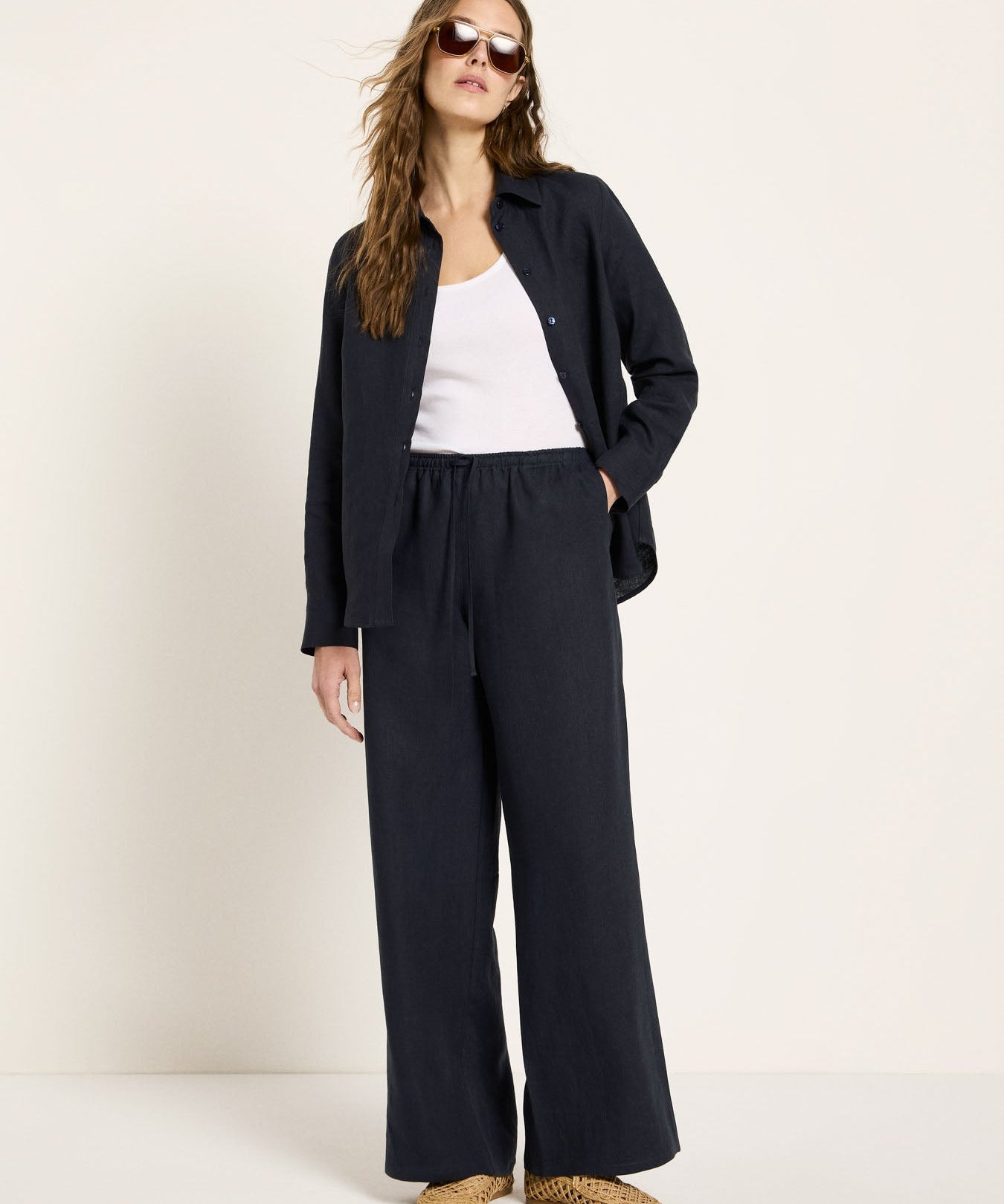 LANIUS Drawstring Trousers (GOTS) in midnight – organic linen, 99things.ch