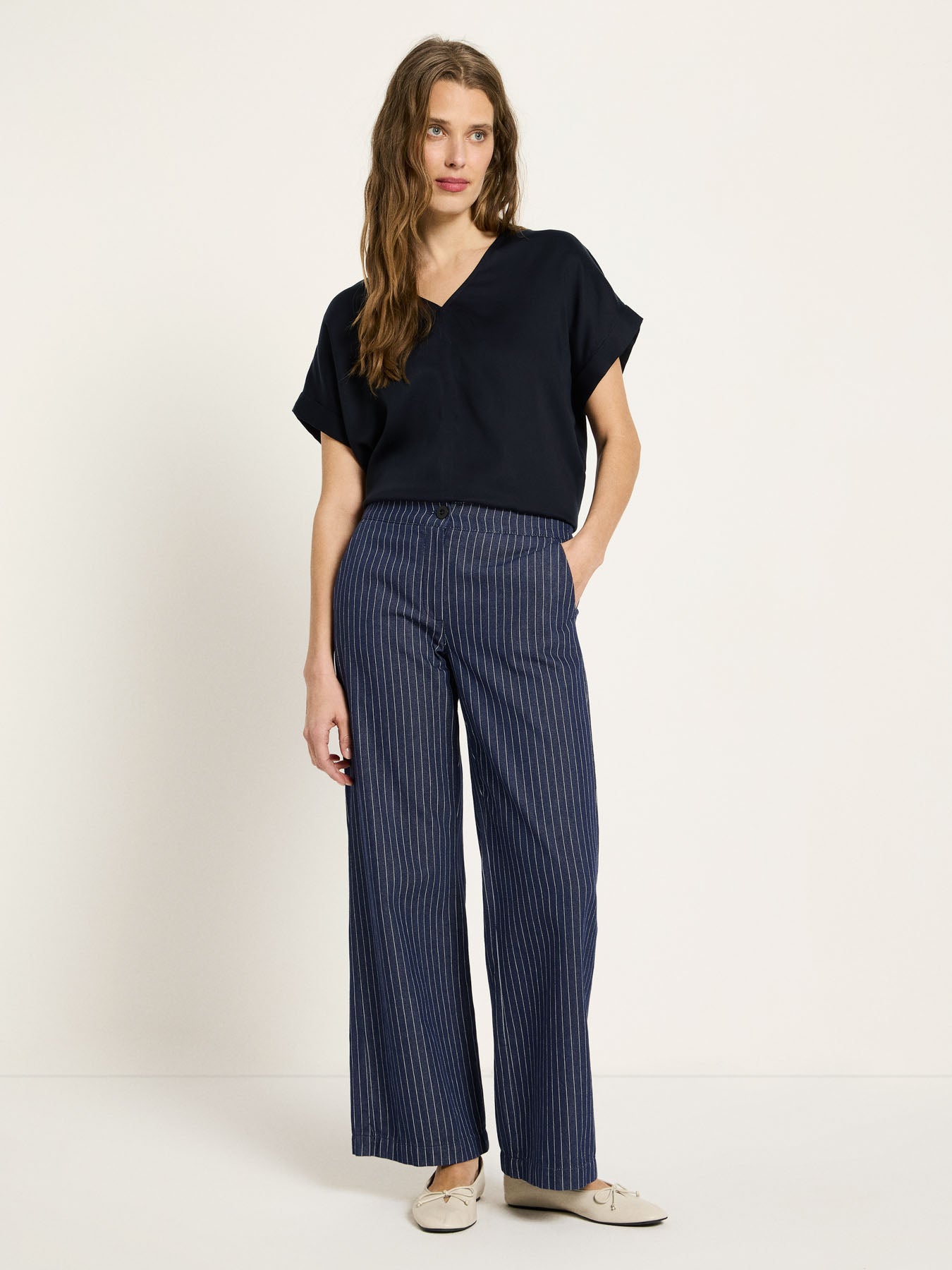 Marlene Pinstripe Trousers | Navy & White