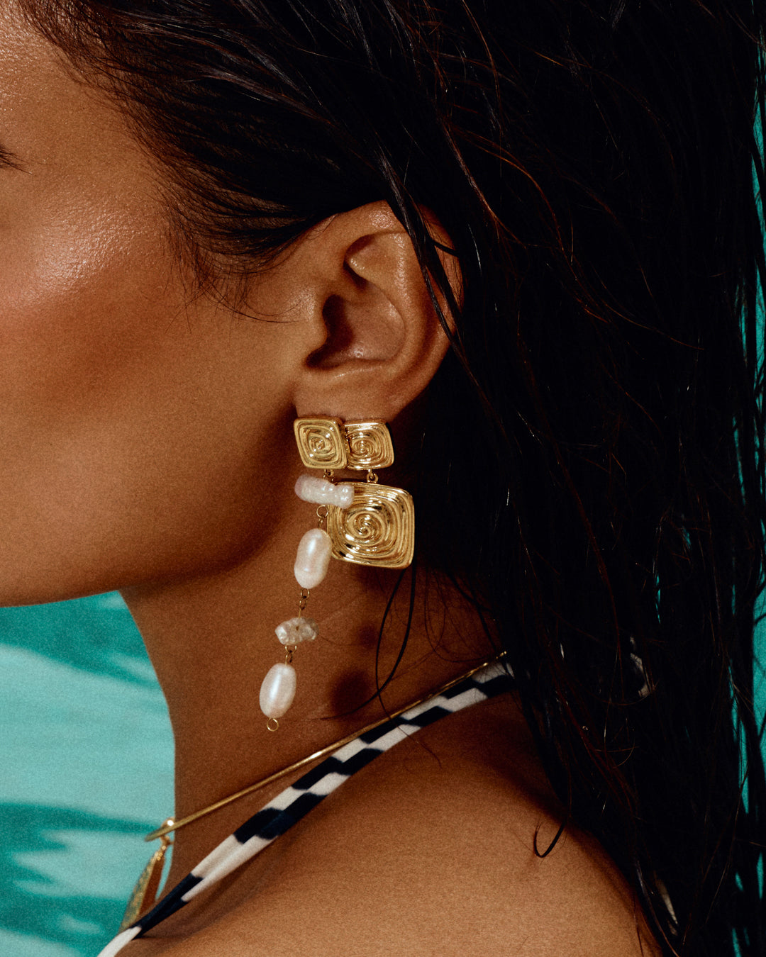 Luv AJ Seychelles Statement Earrings in gold on model