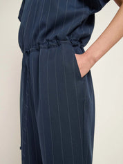 Close-Up of the navy pinstripe Jumpsuit by Lanius