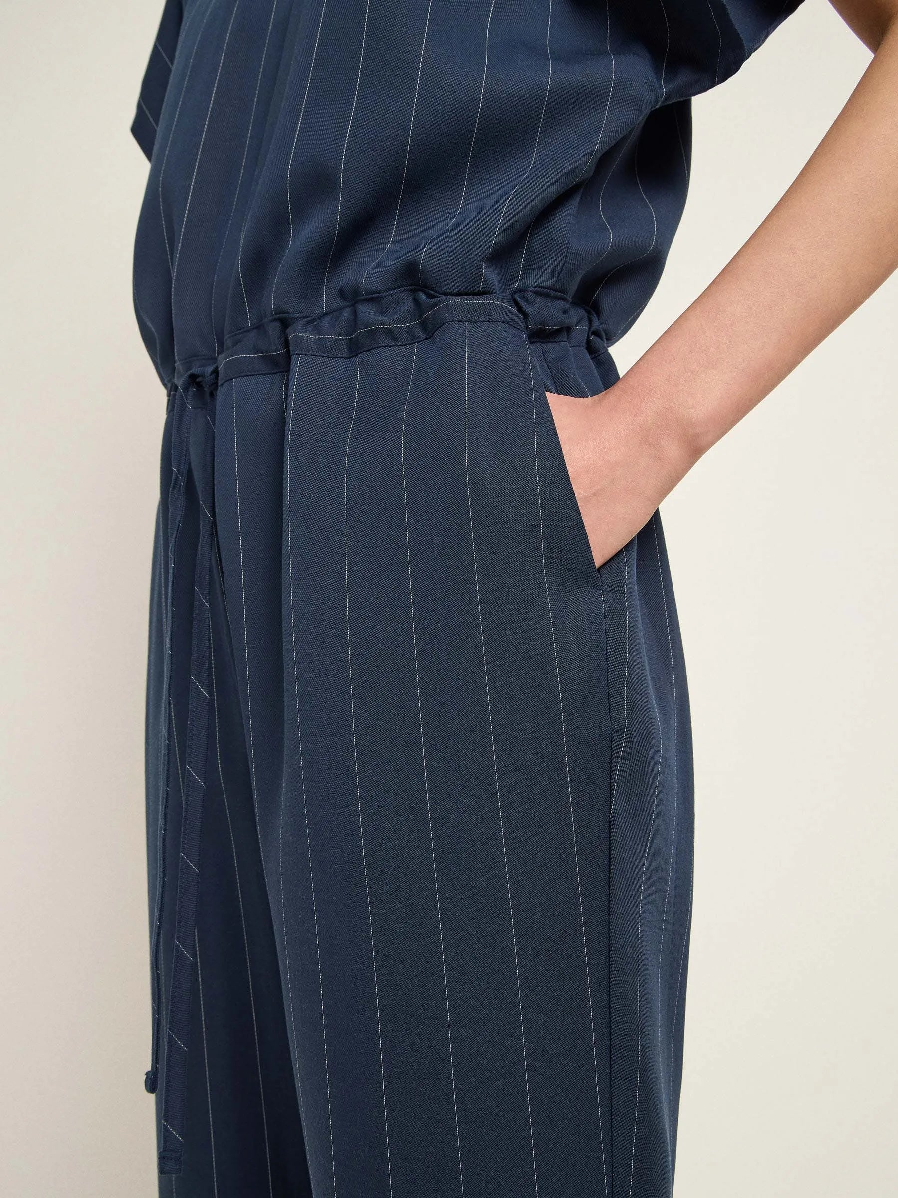 Close-Up of the navy pinstripe Jumpsuit by Lanius