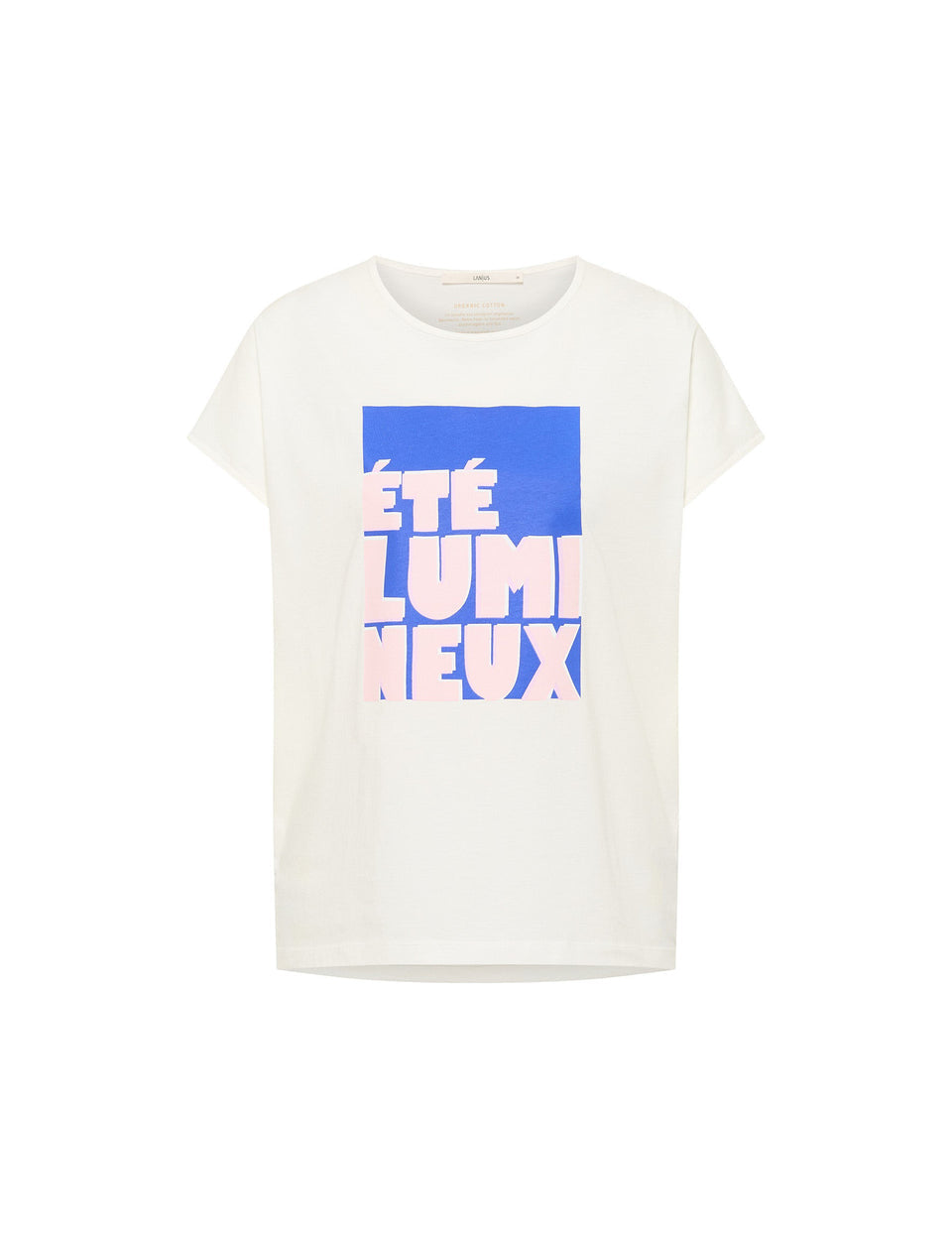 Lanius ÉTÉ LUMINEUX T-shirt in white with pink and blue graphic print, made of organic cotton, sustainable fashion for women in Switzerland.
