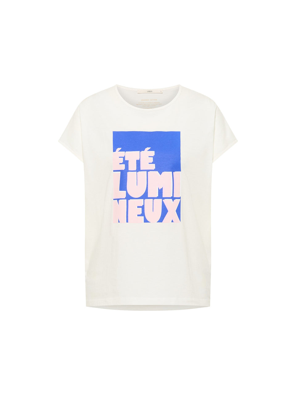 Lanius ÉTÉ LUMINEUX T-shirt in white with pink and blue graphic print, made of organic cotton, sustainable fashion for women in Switzerland.