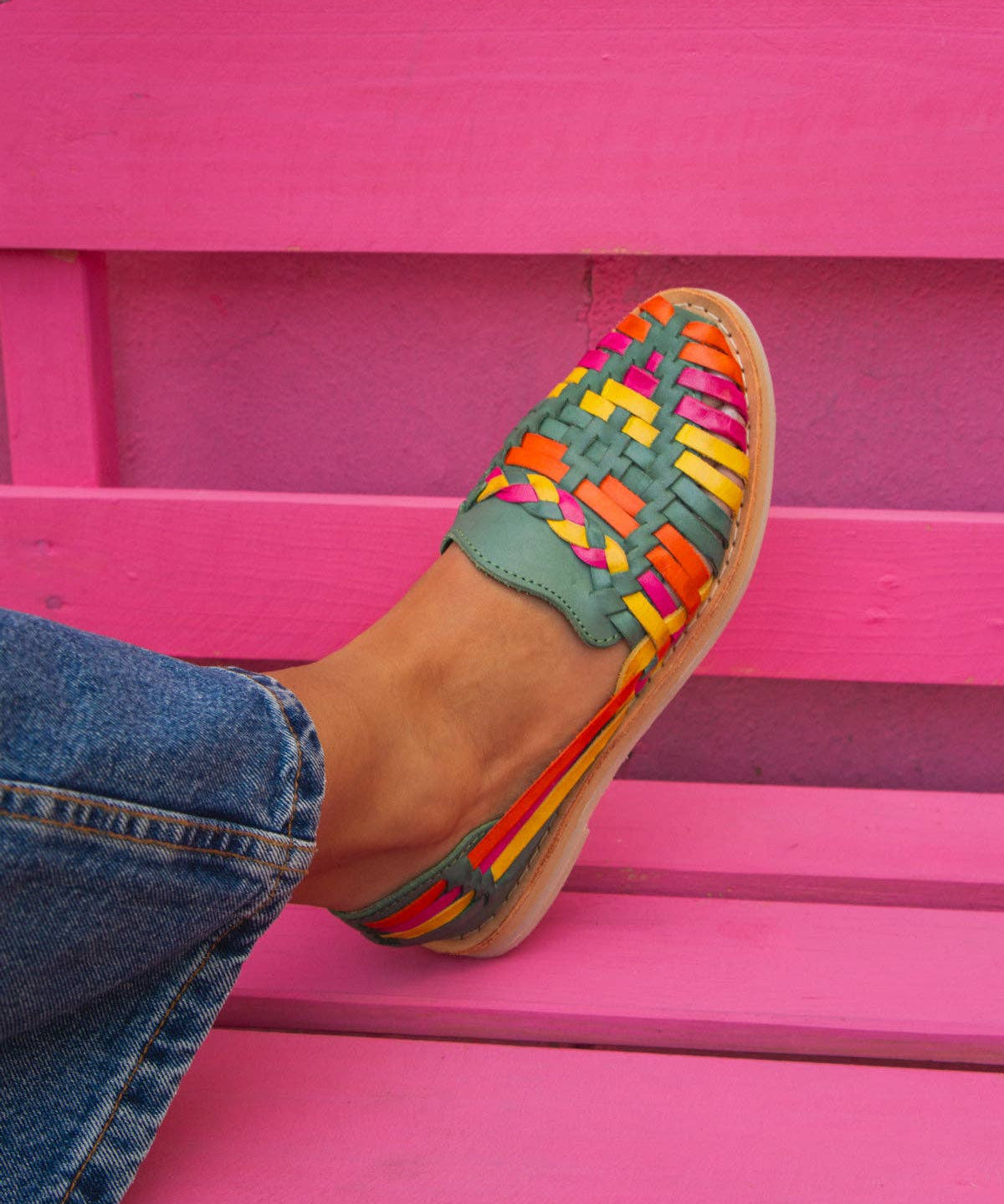 Handcrafted MEXAS authentic leather  sandals in green, yellow, and pink.