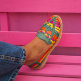 Handcrafted MEXAS authentic leather  sandals in green, yellow, and pink.
