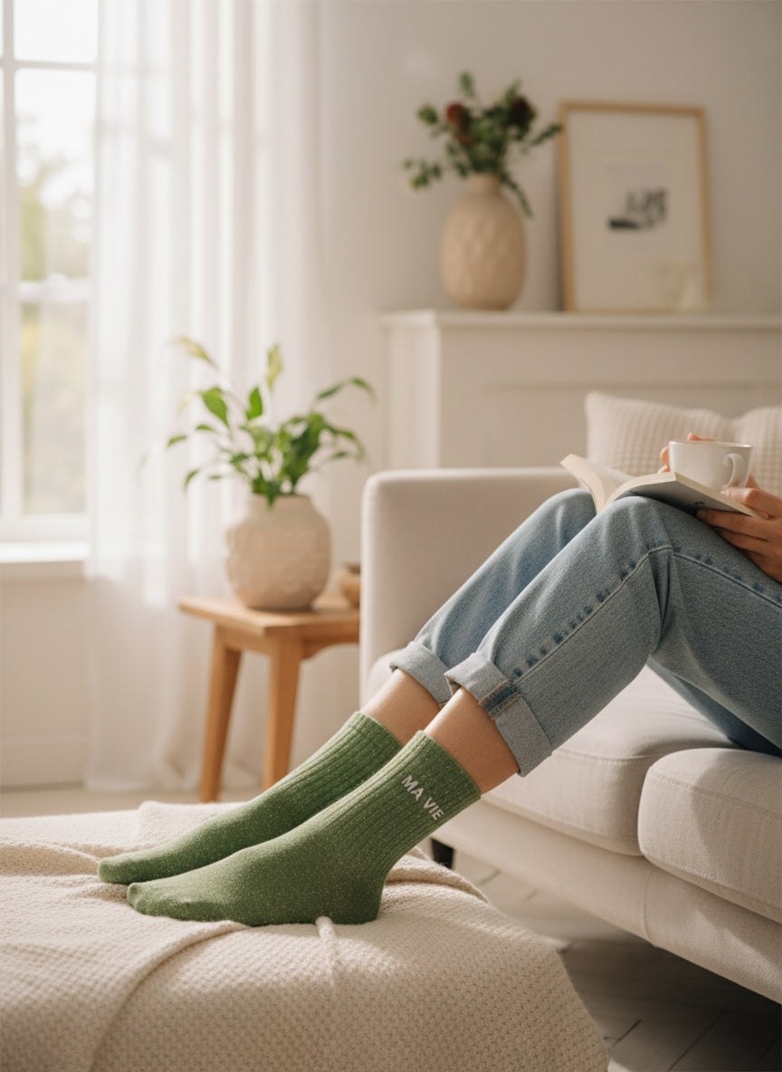 Ma Vie Glitter Message Socks - Almond Green