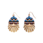 Mayana Designs Beaded Santa Fe Drops – Tribal Blue Edition, showcasing the intricate beadwork and brass charm in a vibrant blue tribal design.